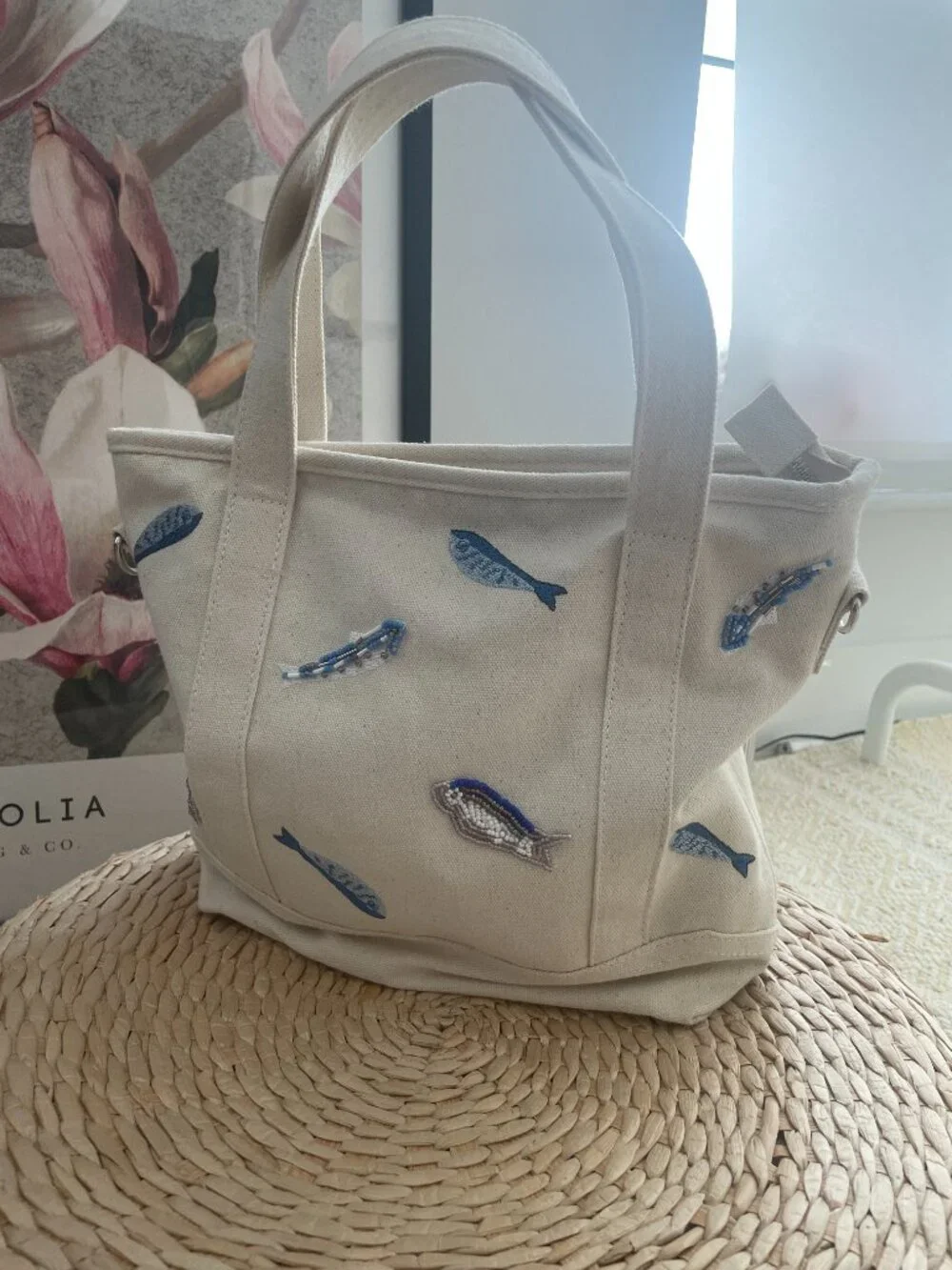 Sardines Embroidered Beaded Canvas Tote Bag Design Sample